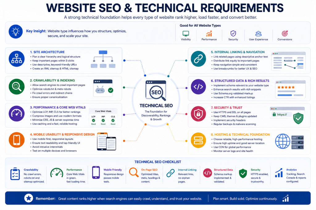 Website SEO framework covering architecture, crawlability, performance, internal linking, structured data, security, and mobile usability.