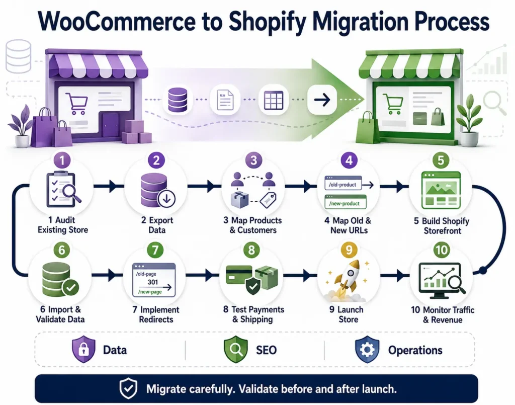 WooCommerce to Shopify migration process for products, customers, URLs, and SEO