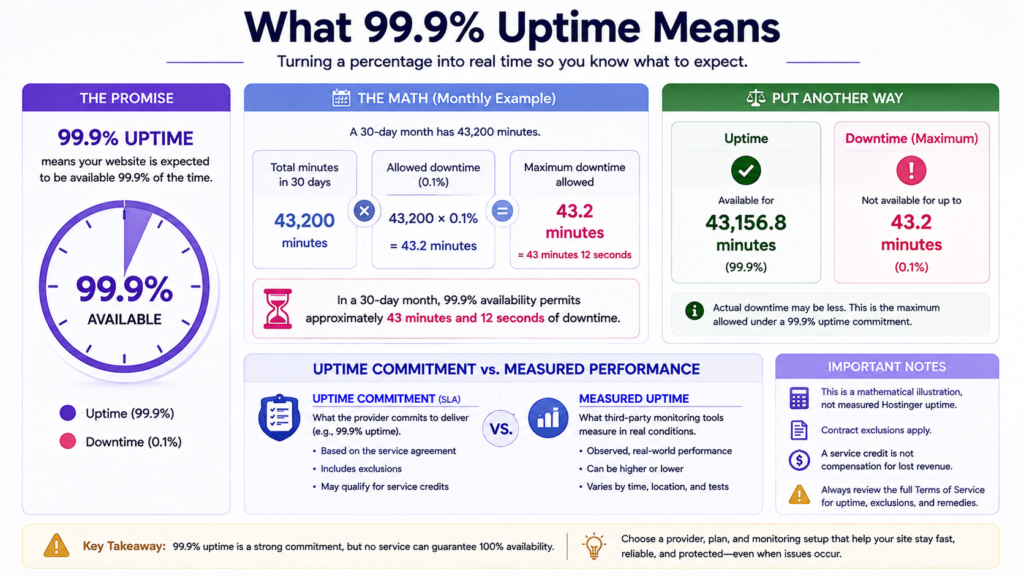 Explanation showing that 99.9 percent monthly uptime permits about 43 minutes of downtime.