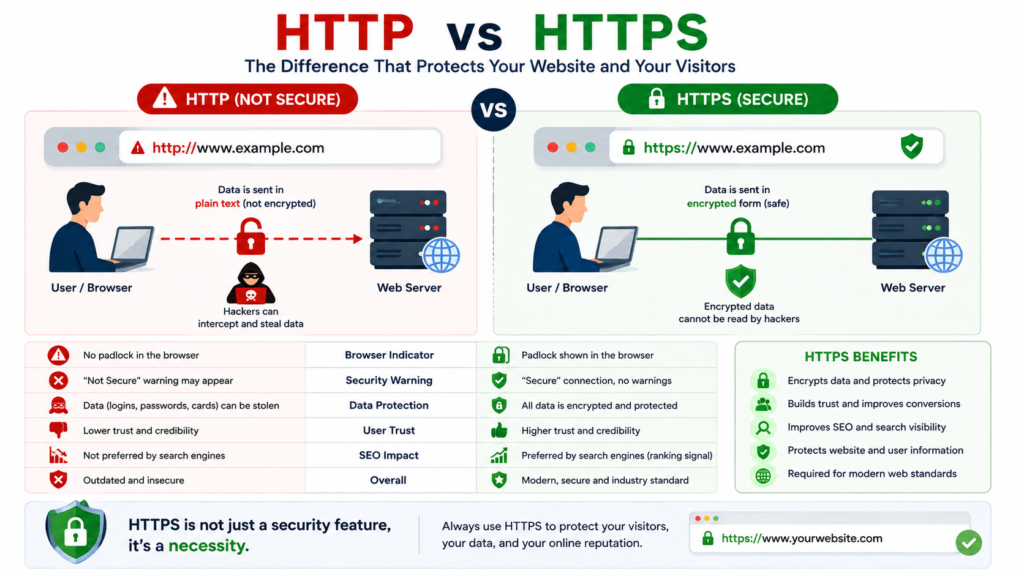 Side-by-side comparison of insecure HTTP and secure HTTPS website connections.