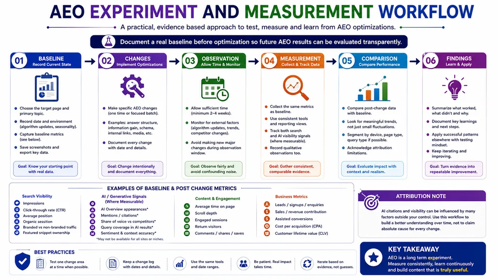 AEO experiment workflow showing baseline, optimization changes, monitoring and performance comparison