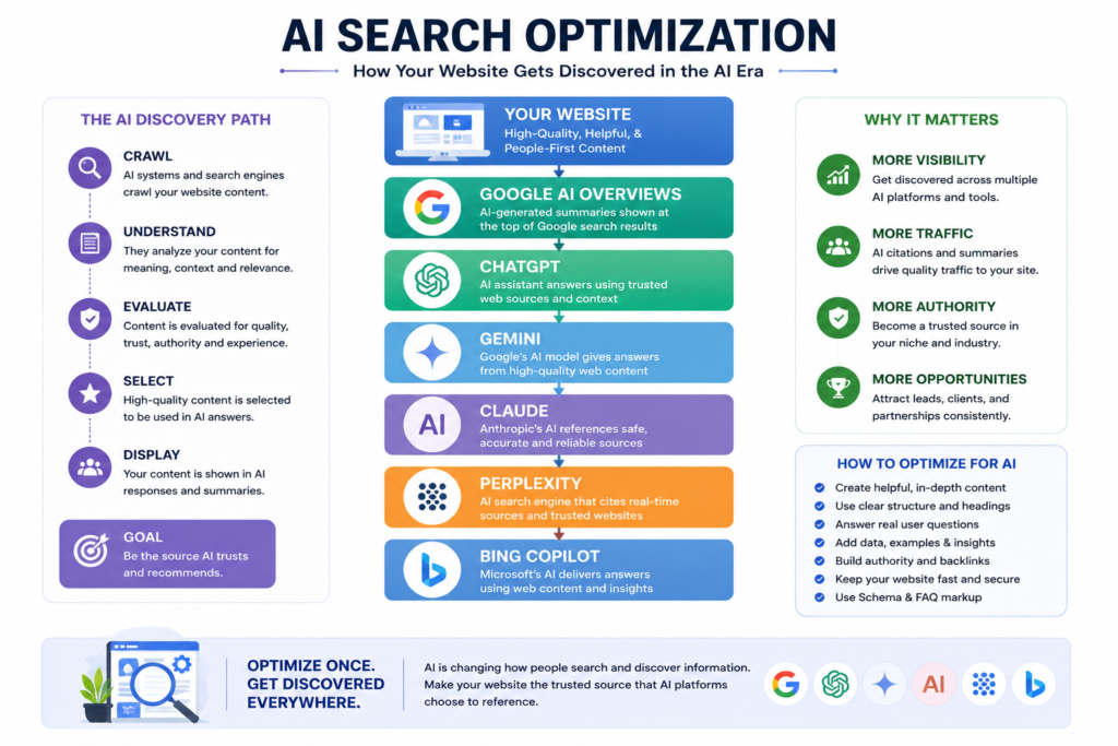 Diagram showing how websites are discovered by AI-powered search platforms.
