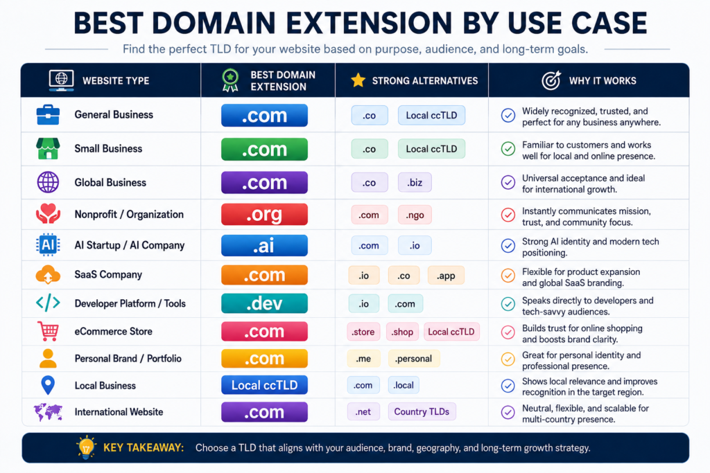 Domain extension decision matrix for businesses, AI startups, ecommerce stores, nonprofits, and local websites.