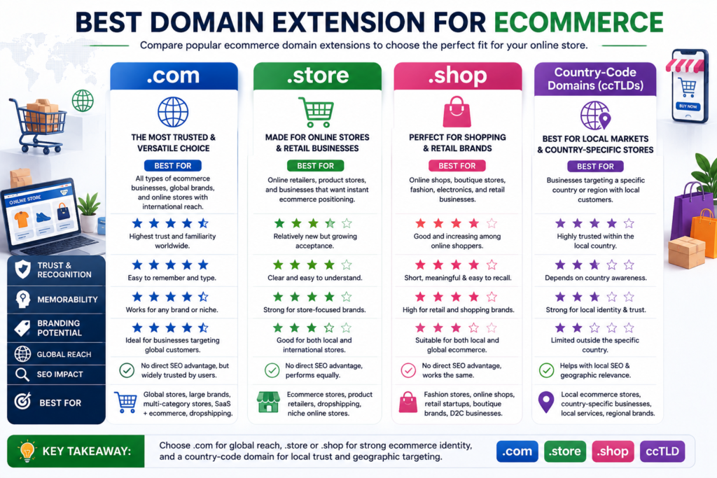 Best ecommerce domain extensions comparing .com, .store, .shop, and country-code domains.