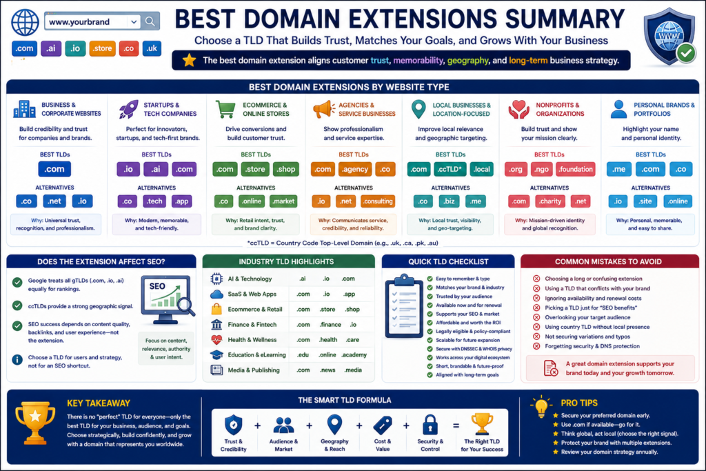 Summary of the best domain extensions for business, SEO, AI, startups, ecommerce, and local websites.
