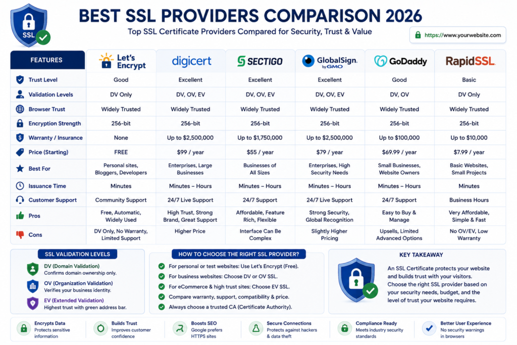 Professional comparison of popular SSL certificate providers including Let's Encrypt, DigiCert, Sectigo, and GlobalSign.