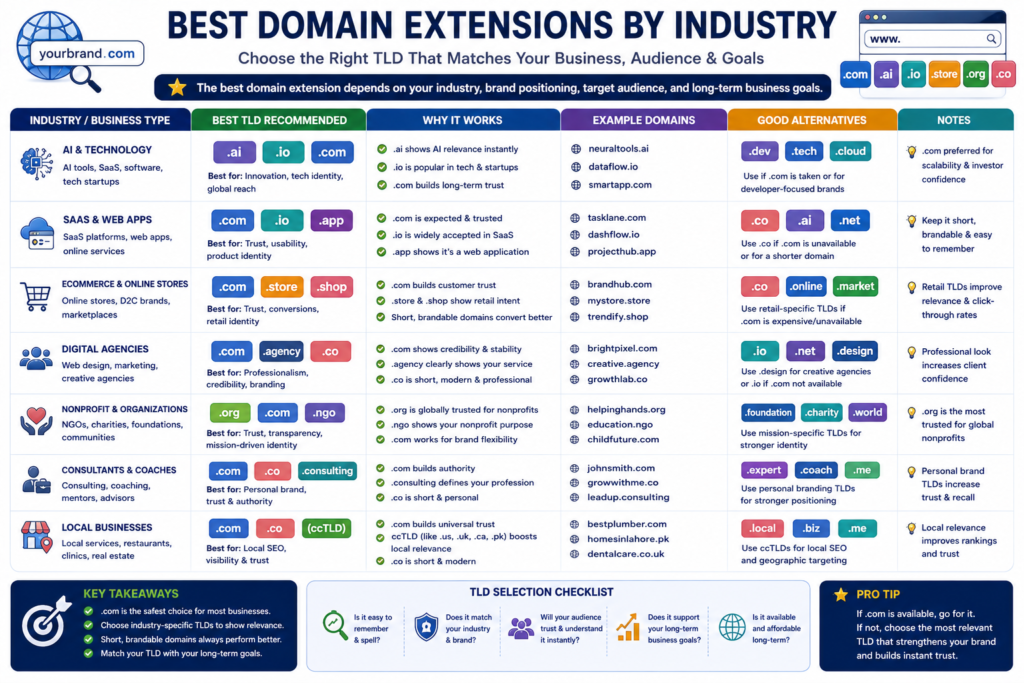 Best domain extensions for AI, SaaS, ecommerce, agencies, nonprofits, consultants, and local businesses.