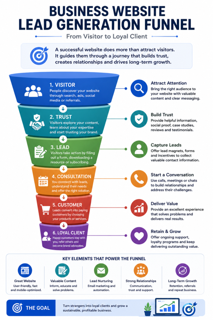 Lead generation funnel illustrating the customer journey from website visitor to loyal client.
