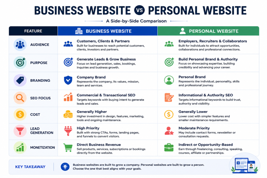 Comparison infographic highlighting the differences between business websites and personal websites.