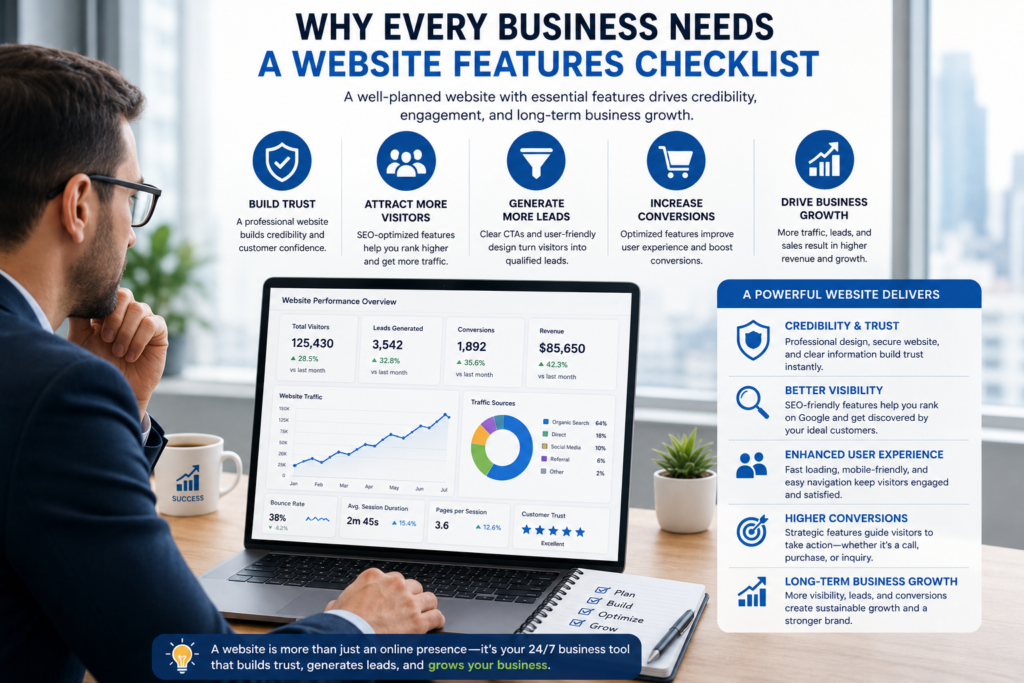 Business owner analyzing the benefits of a professional website with increased traffic and customer growth.