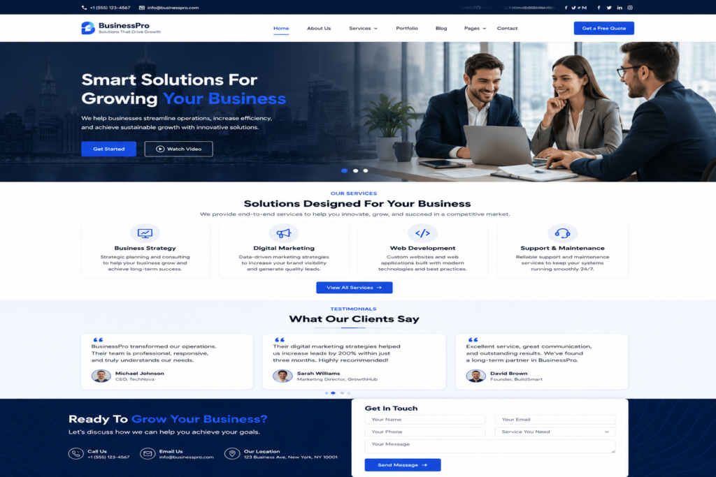 Modern business website homepage featuring services, testimonials, and contact information.