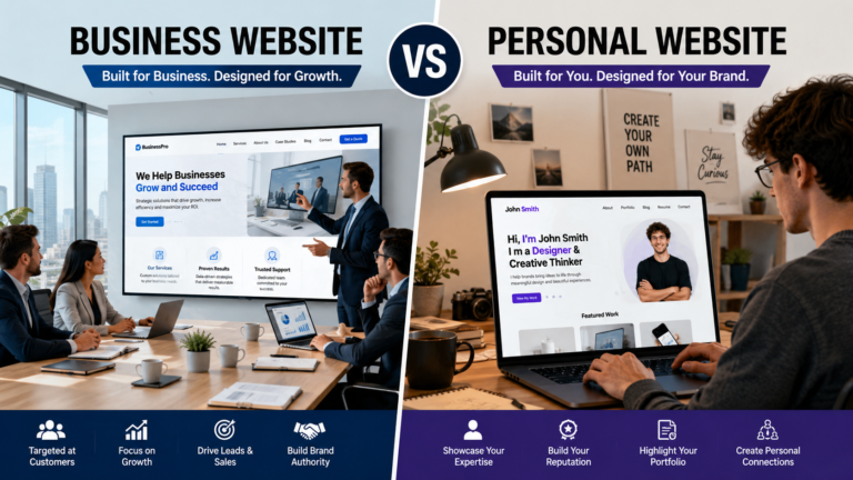 Business Website vs Personal Website Comparison: Comparison illustration showing a professional business website and a personal website designed for individual branding.