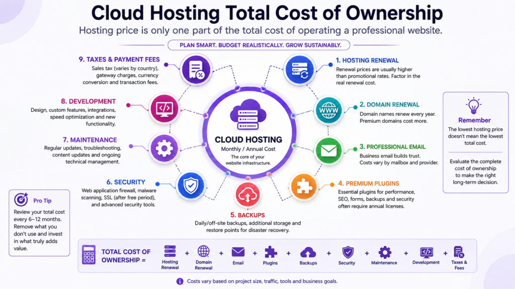 Total cloud hosting cost including renewal, domain, email, plugins, security, and maintenance.