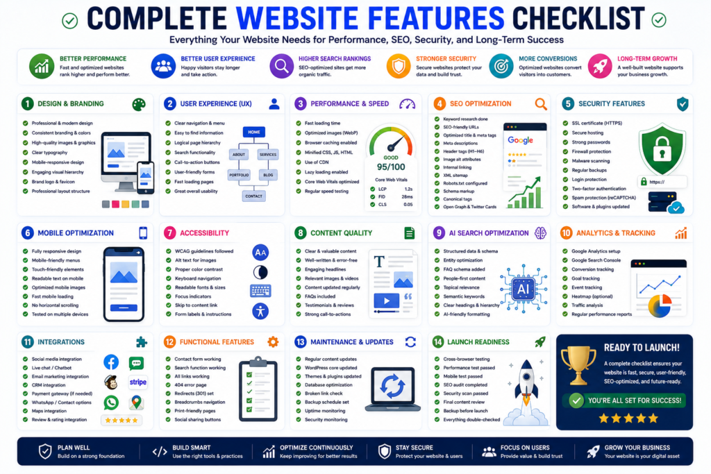 Comprehensive checklist covering all essential website features for businesses.