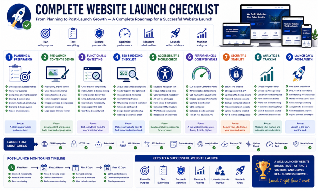 Complete website launch checklist covering planning, QA, SEO, security, performance, analytics, launch day, and post-launch monitoring.