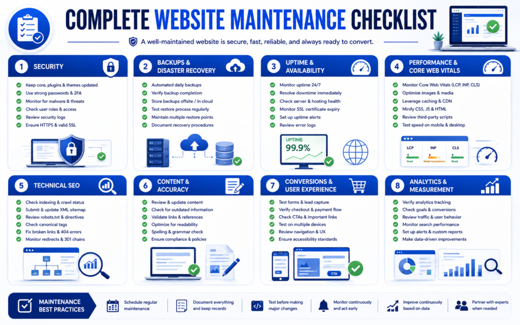 Complete website maintenance checklist covering security, backups, uptime, performance, technical SEO, content, conversions, analytics, and user experience.