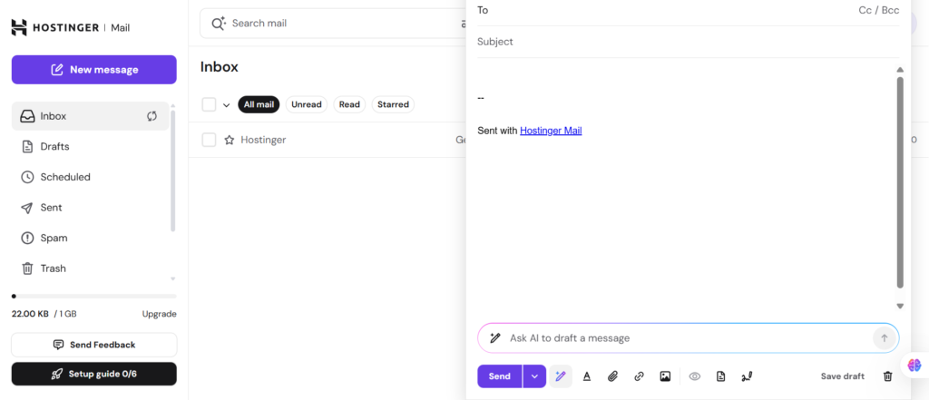 Hostinger interface for creating and configuring a custom domain business email mailbox