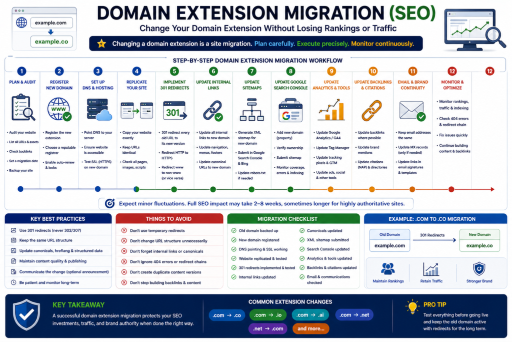 Domain migration workflow covering redirects, canonical URLs, sitemaps, Search Console, and email continuity.