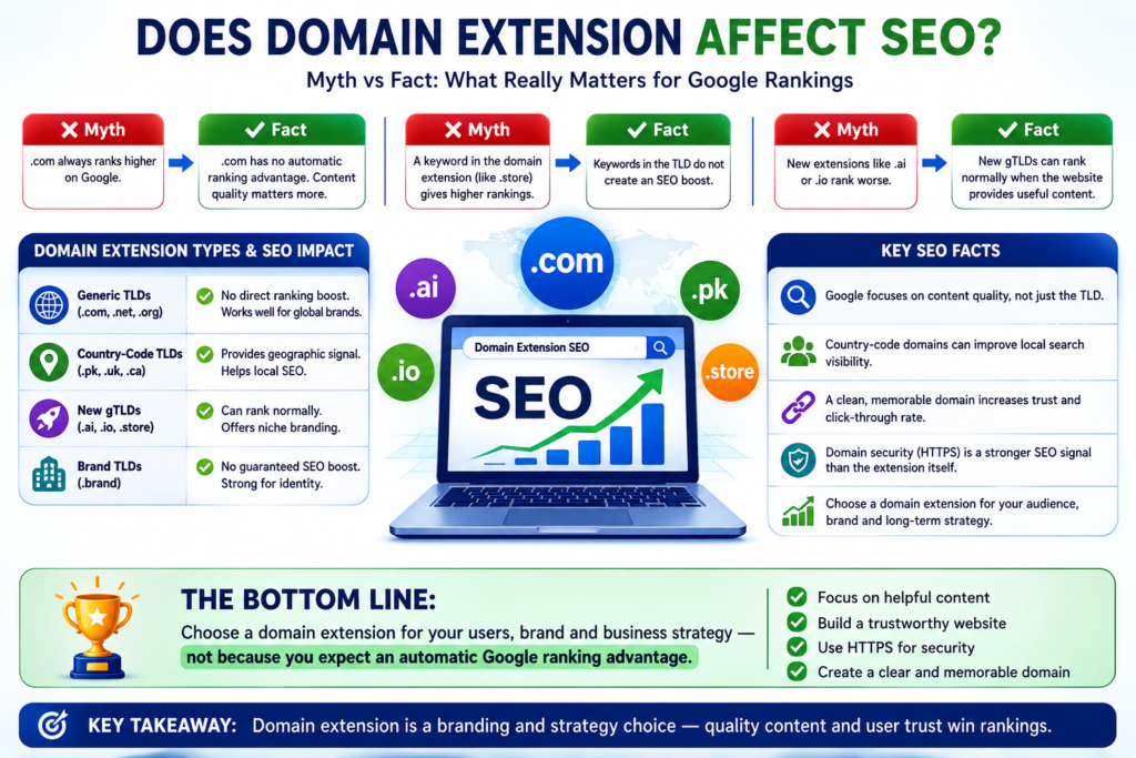 Domain extension SEO facts covering generic TLDs, country-code domains, keywords, and geographic signals.