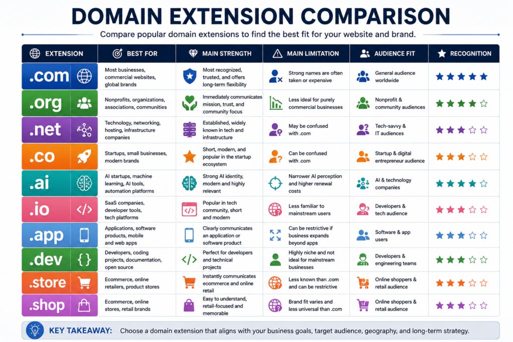 Comparison of .com, .org, .net, .co, .ai, .io, .app, .dev, .store, and .shop.