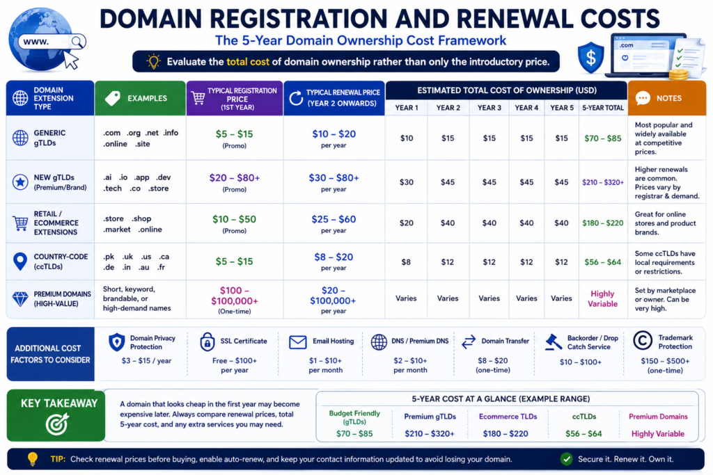 Five-year domain ownership cost covering registration, renewal, premium pricing, and transfer costs.