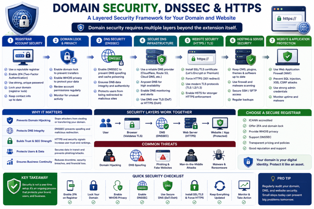 Domain security framework covering registrar protection, DNSSEC, HTTPS, and account security.