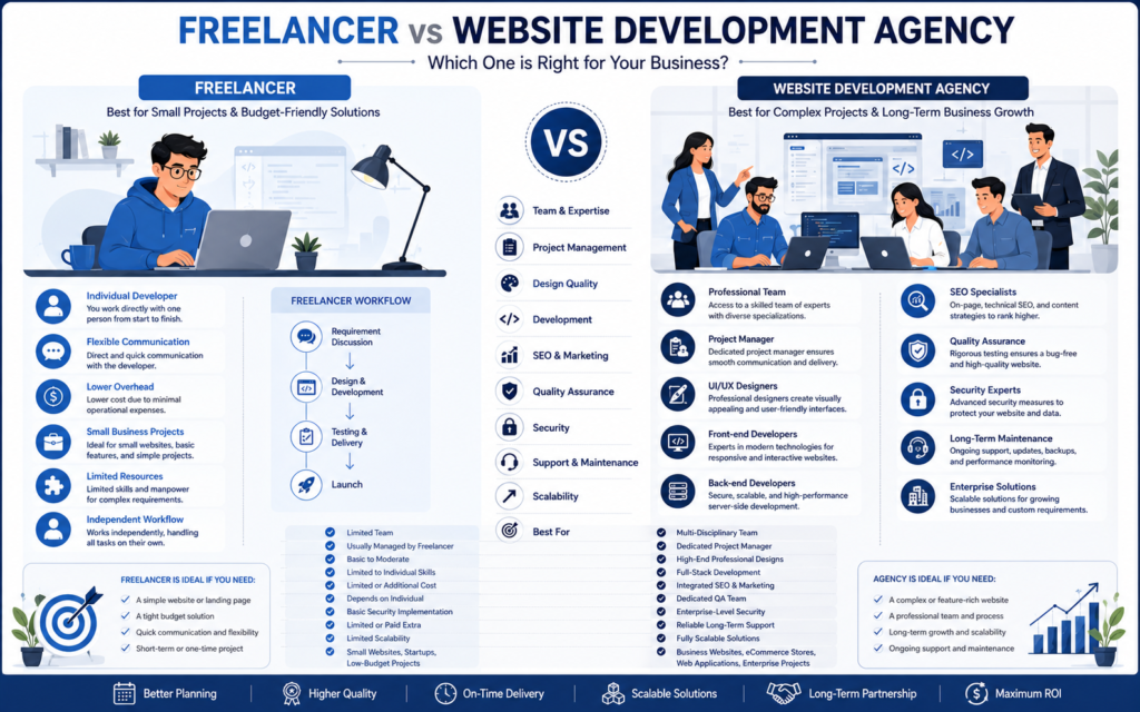 Professional comparison between freelance web developers and website development agencies showing expertise, project management, scalability, support, and business services.