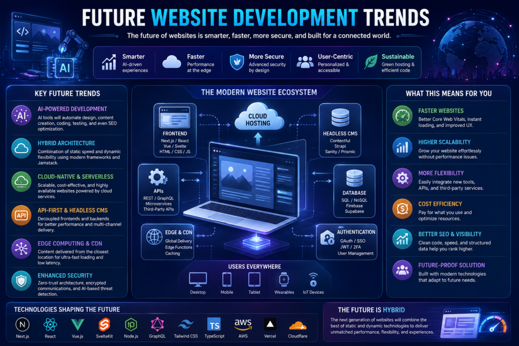 Illustration showing AI-powered website development, hybrid architecture, cloud computing, and modern web technologies.