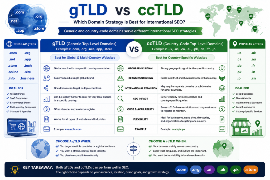 Comparison of gTLD and ccTLD strategies for global and country-specific websites.