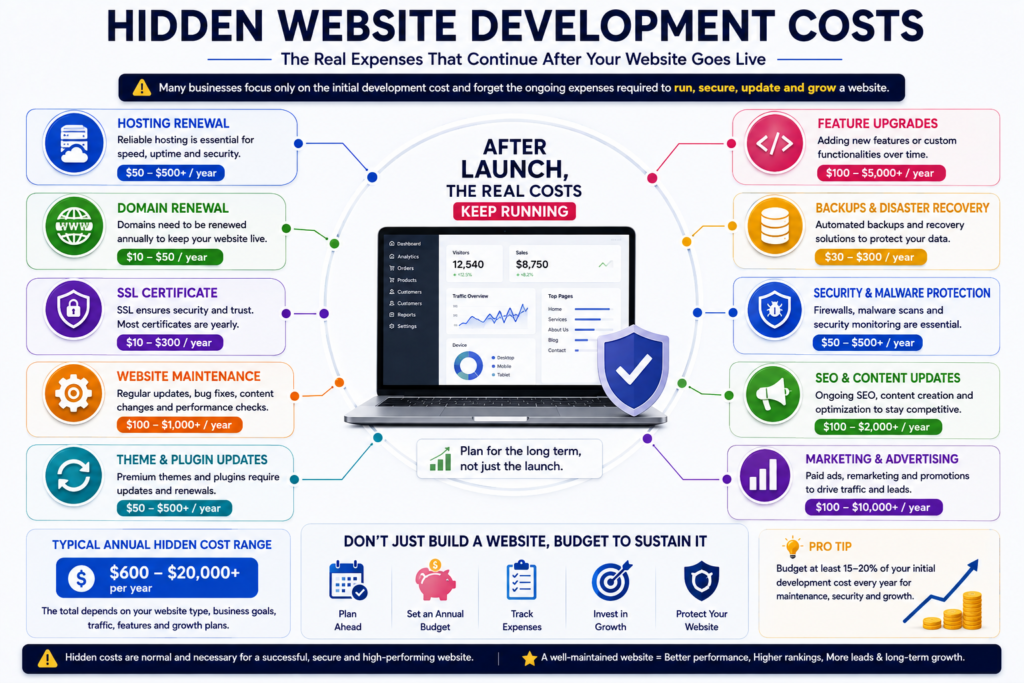 Illustration showing hidden website development expenses after launch.
