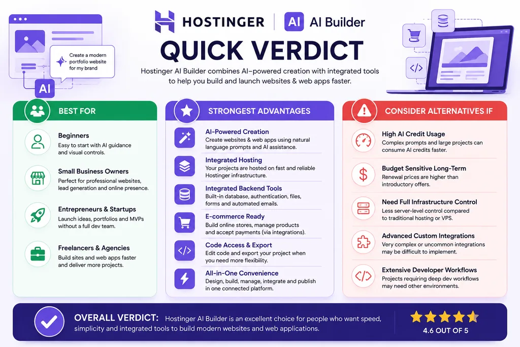 Hostinger AI Builder quick verdict showing best users strengths and limitations