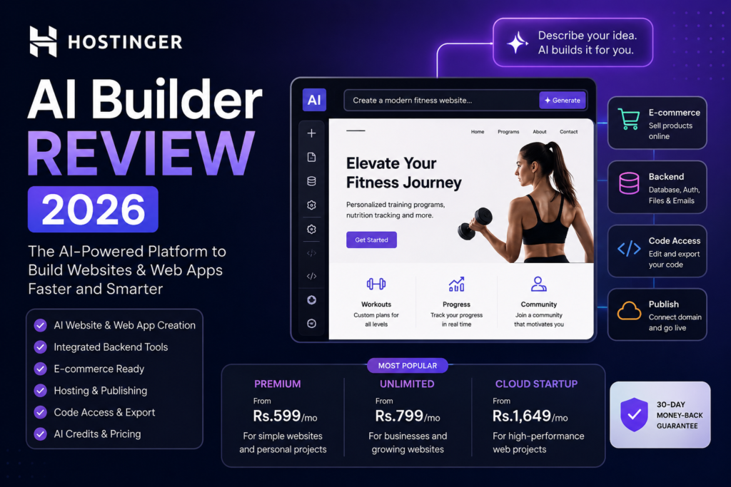 Hostinger AI Builder Review 2026 covering features pricing AI credits pros and cons