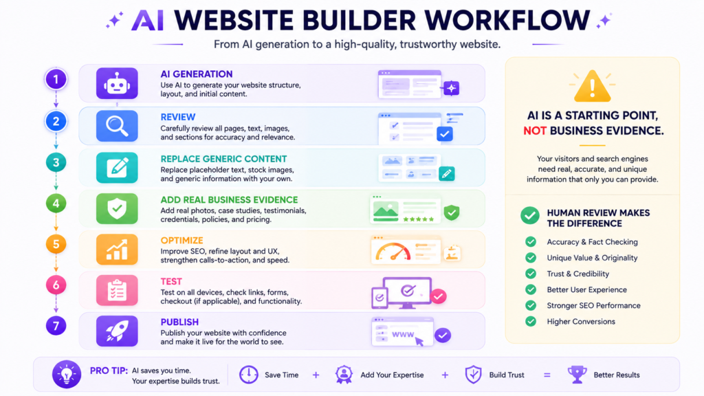 Recommended workflow for reviewing and improving an AI-generated Hostinger website before publication