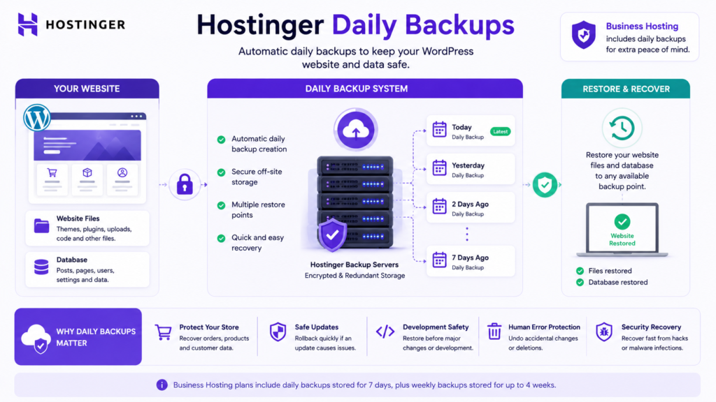Hostinger Business hosting daily backup system for recovering WordPress files and database content.