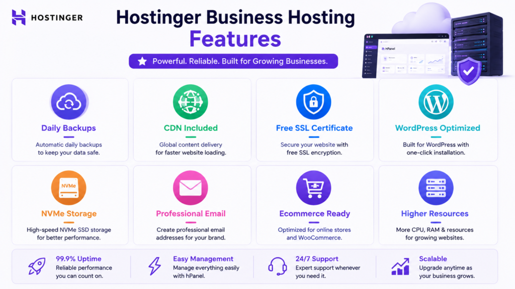 Hostinger Business hosting features including daily backups, CDN, SSL, WordPress tools, email, storage, and higher hosting resources.