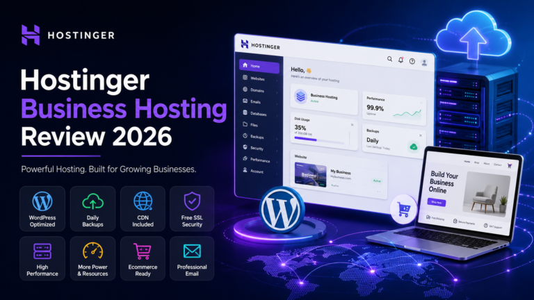 Hostinger Business Hosting Review 2026 comparing features, pricing, WordPress, backups, performance, and ecommerce suitability.