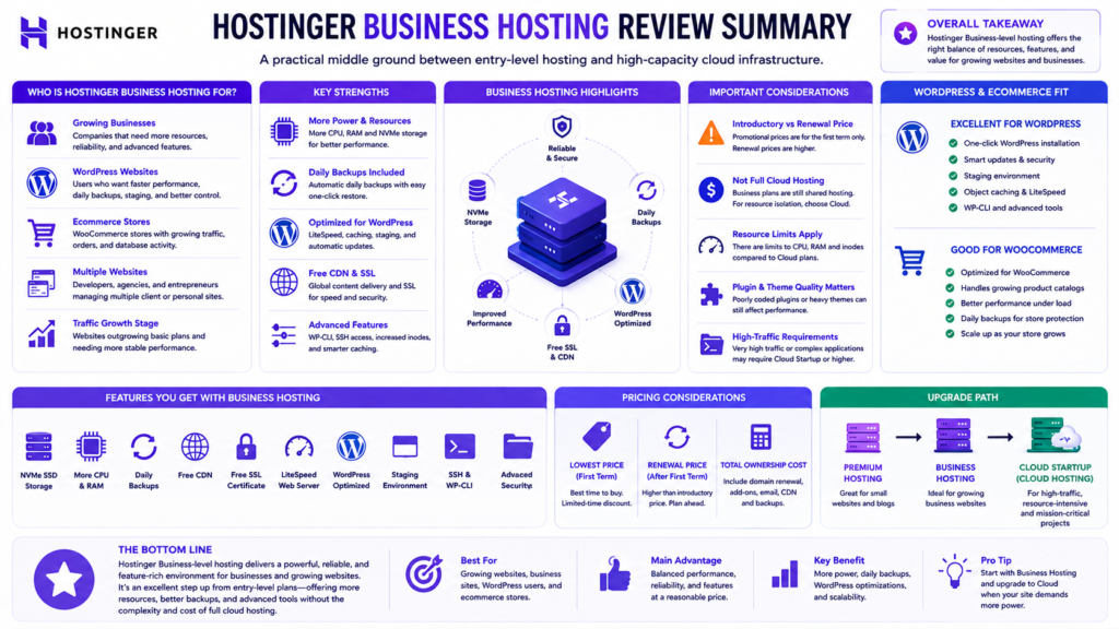 Hostinger Business Hosting Review summary showing best users, key features, limitations, pricing considerations, and upgrade options.
