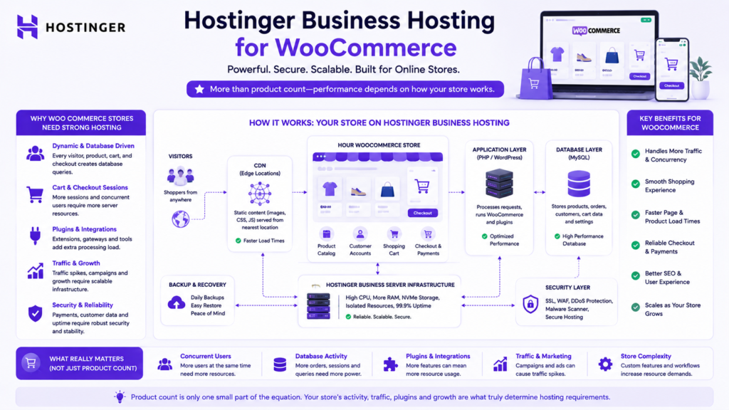 Hostinger Business hosting for WooCommerce showing products, customer accounts, cart, checkout, database, backups, and CDN.