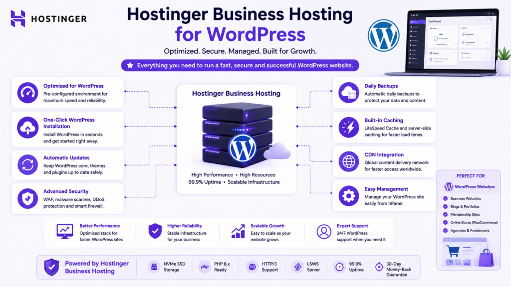 Hostinger Business hosting for WordPress with managed updates, backups, caching, CDN, security, and website management.
