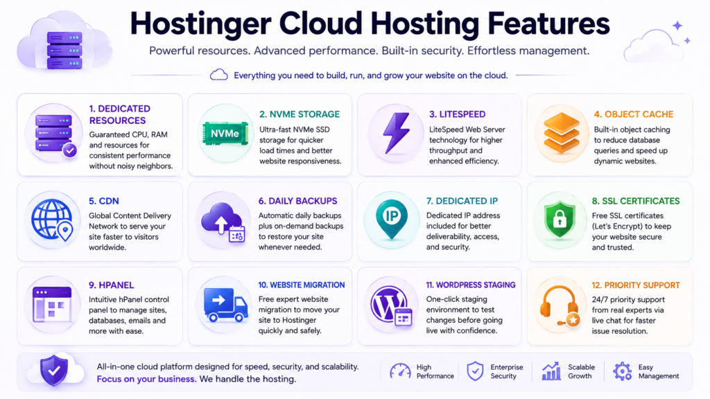 Hostinger cloud features including NVMe storage, CDN, backups, SSL, dedicated IP, and hPanel.