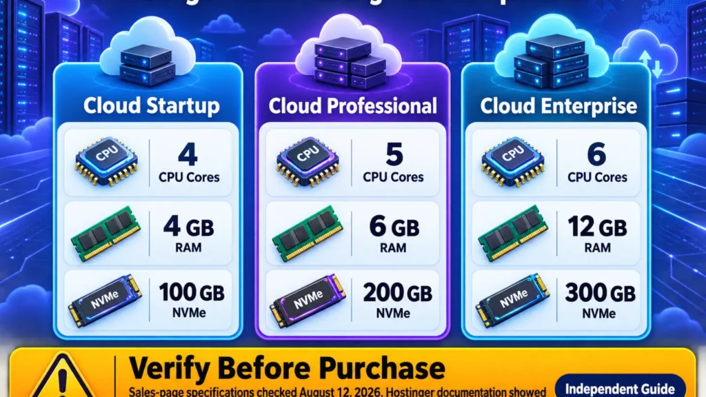 Hostinger Cloud Startup, Professional, and Enterprise resource comparison.