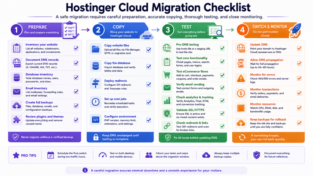 Website migration checklist covering backups, DNS, testing, email, ecommerce, and monitoring.