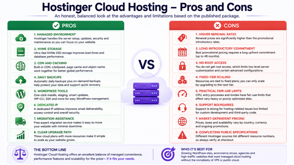 Hostinger Cloud Hosting advantages and limitations compared.