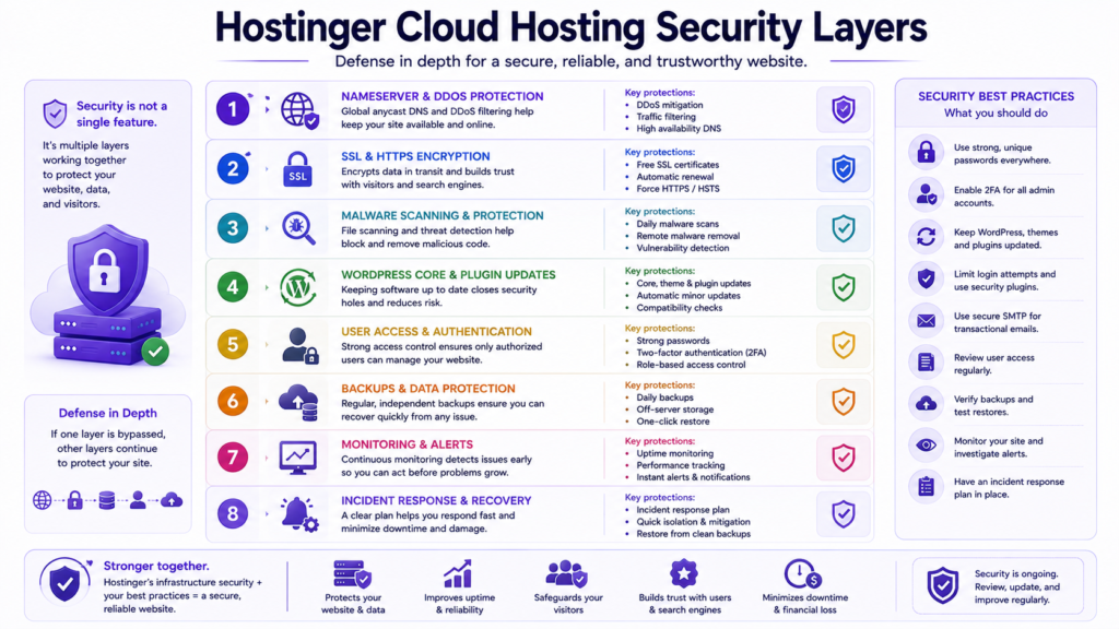 Website security layers including HTTPS, DDoS protection, updates, access control, monitoring, and backups.