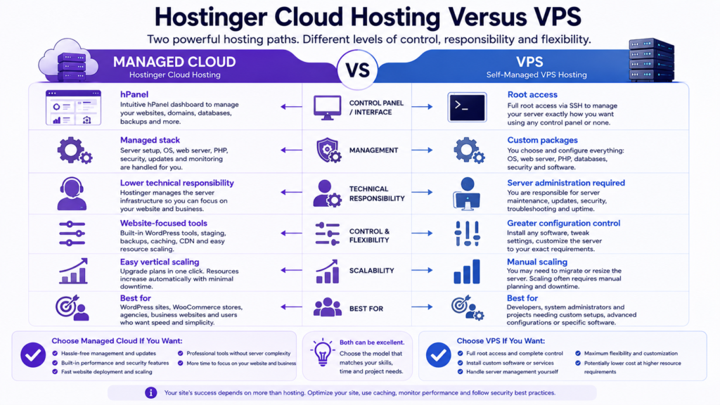 Managed Hostinger cloud hosting compared with self-managed VPS hosting.
