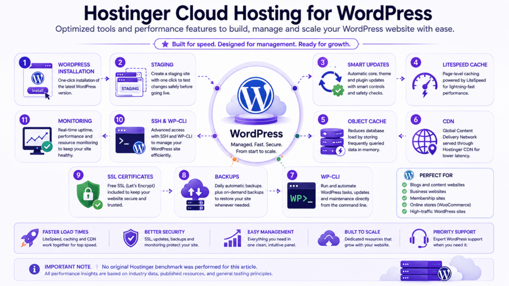 WordPress hosting workflow with staging, caching, backups, CDN, and security tools.