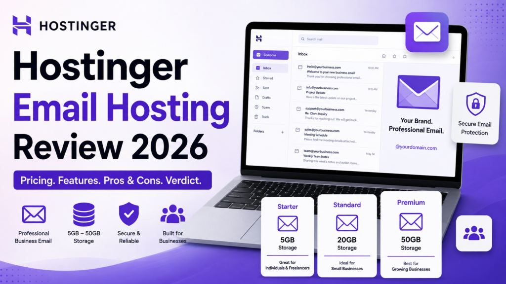 Hostinger Email Hosting Review 2026 showing business email plans, pricing, storage and key decision factors