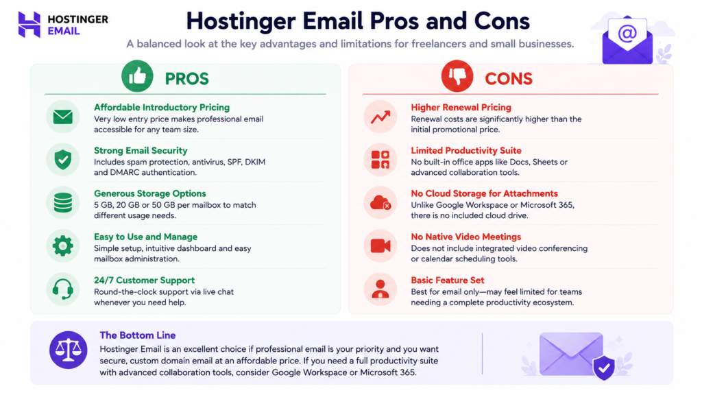 Hostinger Email advantages and limitations for freelancers and small businesses