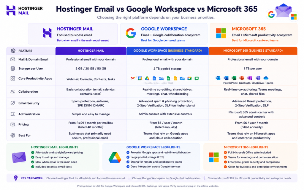 Comparison of Hostinger Mail, Google Workspace and Microsoft 365 for business email and productivity needs