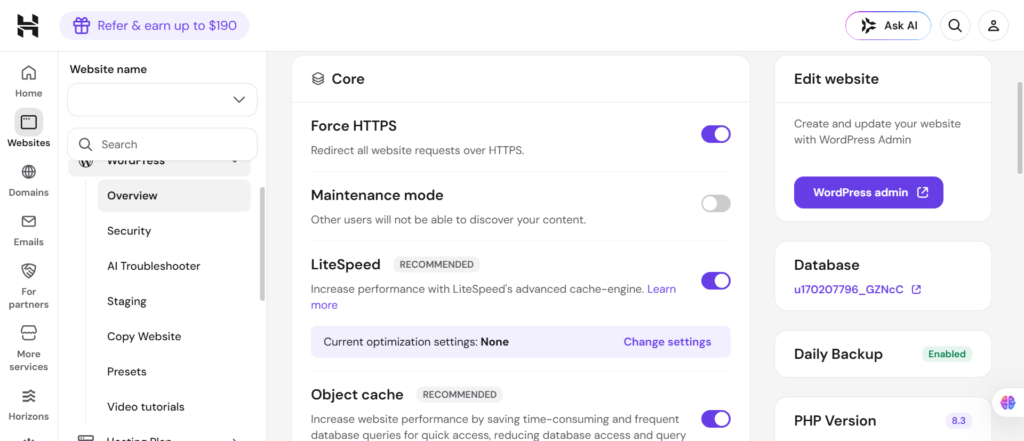 Hostinger hPanel WordPress management dashboard features for website administration